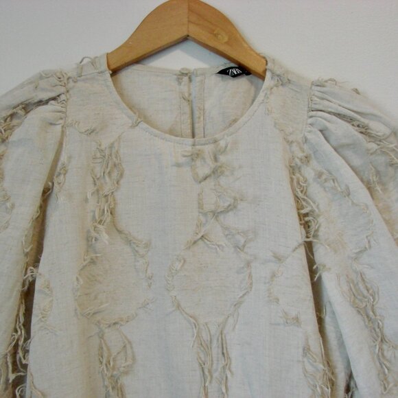 Zara Linen Blend Peplum Top Boho Hippie Fringe Puff Sleeve Natural Beige Small - Picture 4 of 16